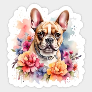 A french bulldog  decorated with beautiful watercolor flowers Sticker